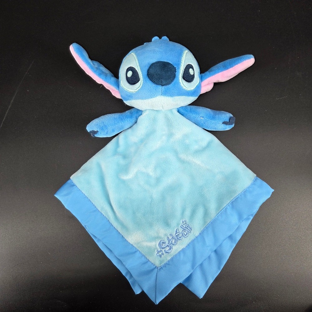 Disney Lilo & Stitch Baby Lovey Security Blanket Blue Plush Satin Trim Stitch